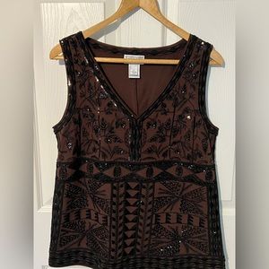 Talbots brown embroidered sequin shirt